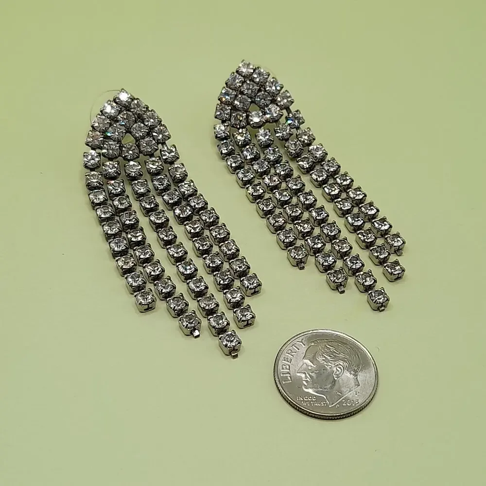 Vintage Clear Rhinestone Fringe Post Earrings, 1980s, 2 1/2 Inches - Picture 8 of 9